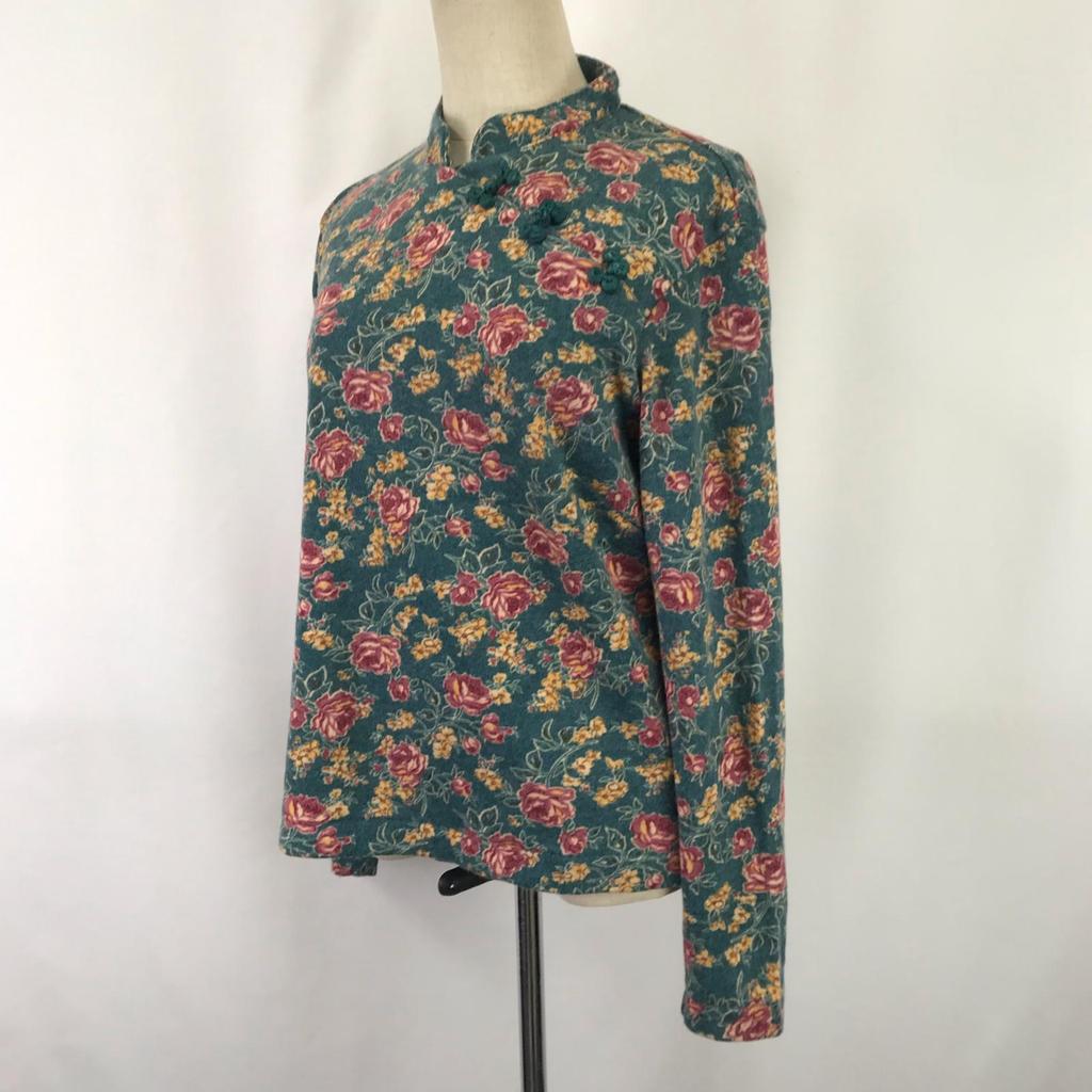 90s Vintage CANDY HOUSE China Dress Style Long Sleeve Shirt F Green Floral Japan(USED)