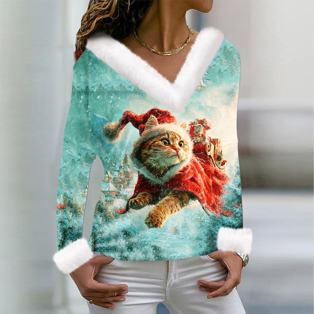 Women's T Shirt Tee Christmas Shirt Long Sleeve Party Christmas Print Fleece Collar V Neck Top