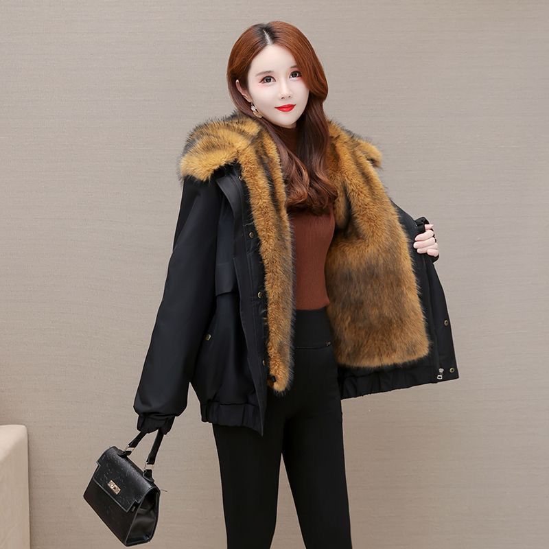 Winter Women's Parka Faux Mink Inner Detachable Short Faux Fur Coat Thick Warm Hooded Parka