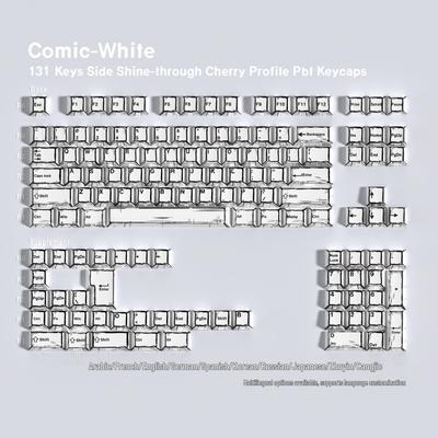JCM Comic White Double-Shot Translucent PBT Keycaps Set: Korean, Russian, German, Spanish, French, Arabic Layouts.
