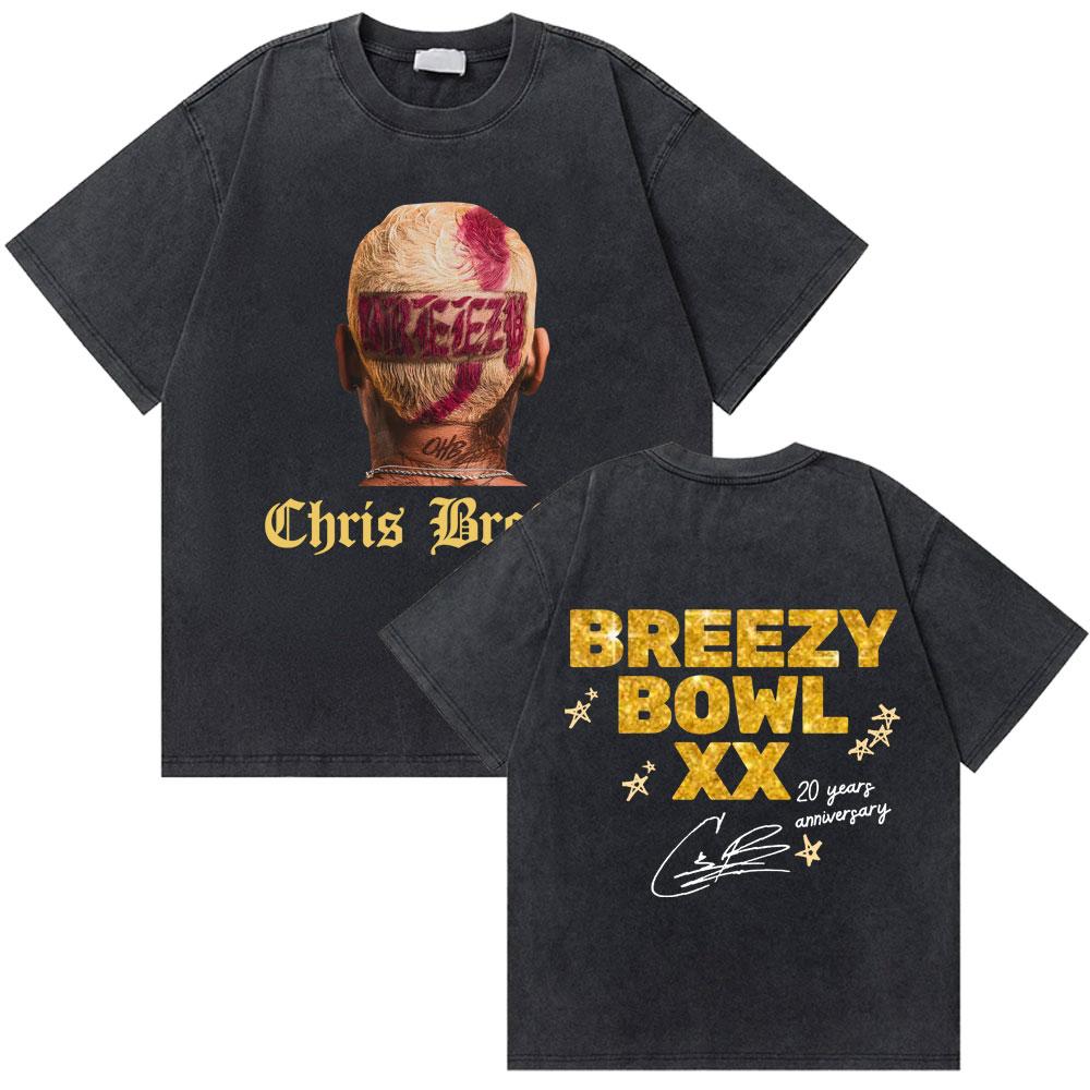 Washed Rapper Chris Brown Breezy Bowl XX World Tour Tshirts Men Women Hip Hop Retro Tshirt Mens Fashion Trend Streetwear