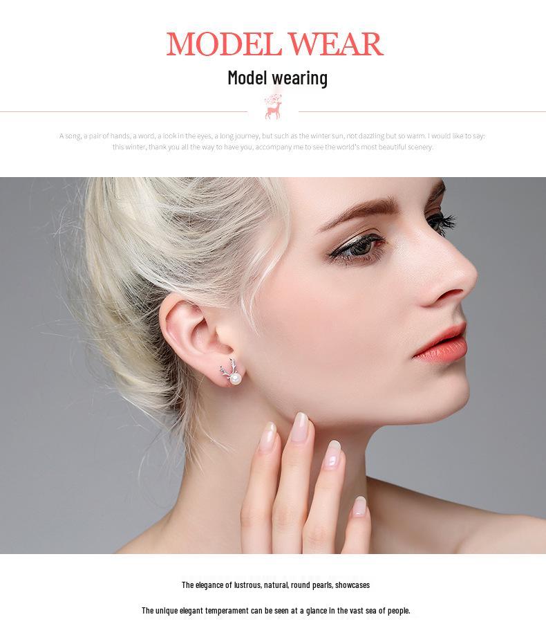 Korean Fashion S925 Sterling Silver Freshwater Pearl Antler Stud Earrings, Simple Christmas Gift for Women