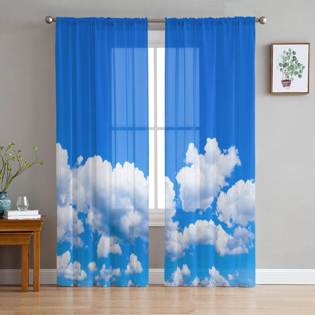 Niebieskie Niebo Białe Chmury Łąka Przezroczyste Zasłony do Salonu Woalowa Zasłona Sypialnia Łazienka Tiulowe Zasłony Dekoracje Okienne
