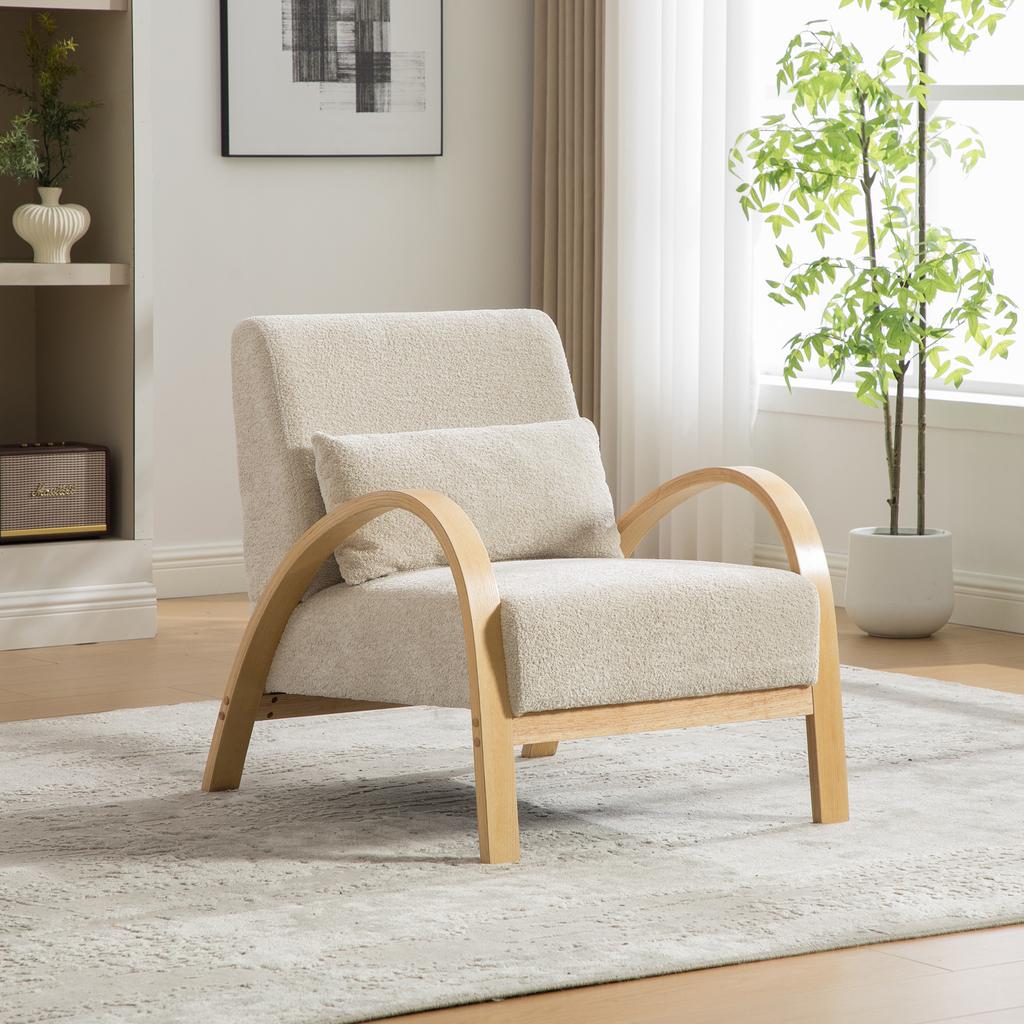 Scandinavian Fabric Lounge Chair – Soft Chenille Fabric and Sturdy Wood Frame, Ideal for Living Room & Bedroom-BEIGE