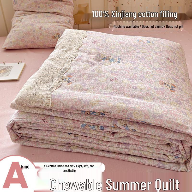 Pure Cotton Summer Quilt Set - 4 Pieces, Machine Washable, Ideal for Dorms