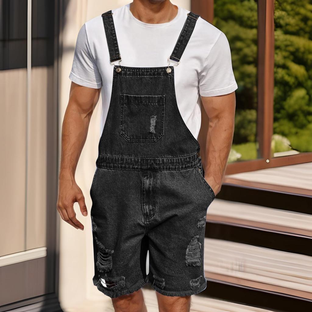 Men's Fashion Solid V-Neck Button Pocket Wash Water Denim Adjustable Short Strap Jumpsuit