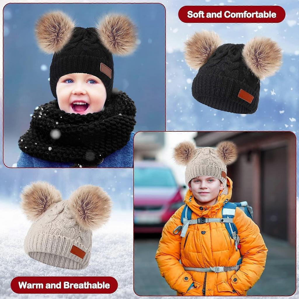 3 Pieces Kids Knitted Woolen Hat Winter Warm Pom Pom Beanie Cap Knit Hat with Detachable Pom for 1-3 Years Old Girls Boys