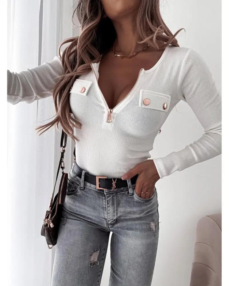 2025 Women's Ribbed Knit V-neck Slim Fit Long Sleeve Pullover with Zipper