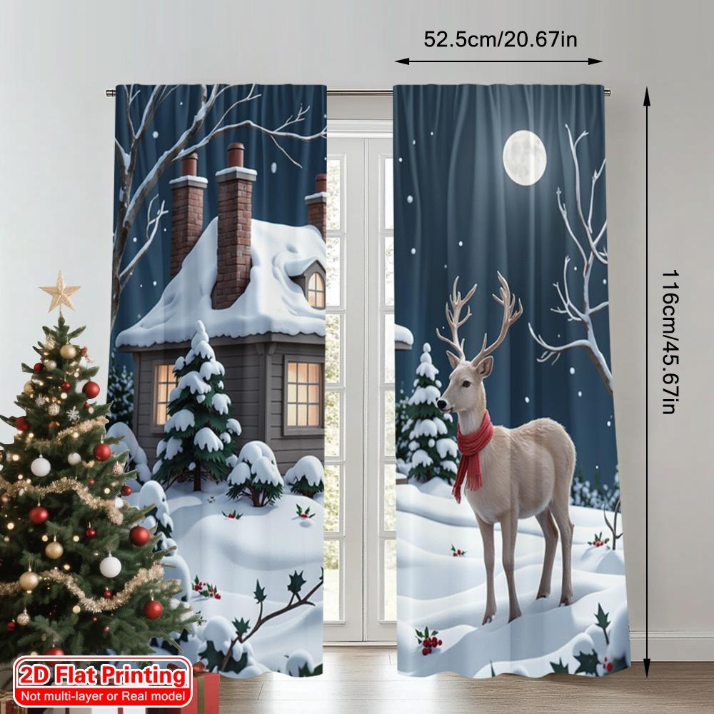 2pcs 2D Flat Printing Merry Christmas Popular Curtains Winter Deer House Snow 100% Polyester Without Electricity Party