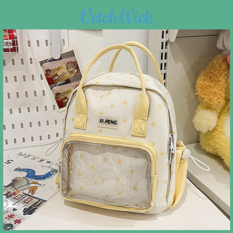 Fashionable Star Patterned Student Backpack With Transparent Compartment For Daily Use
