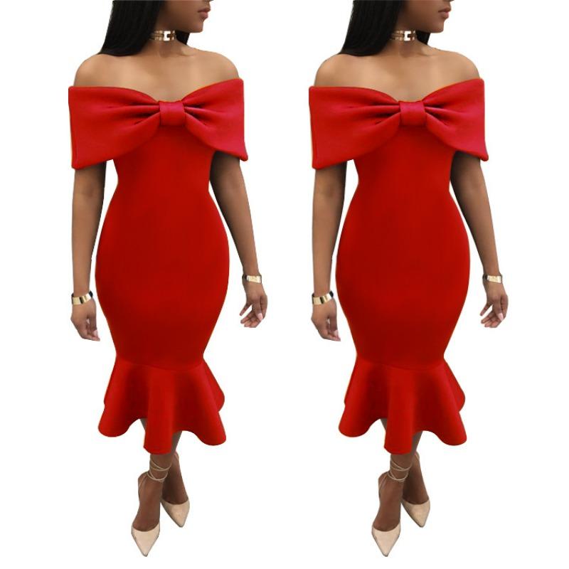 Evening dress temperament chest wrap bow fishtail dress autumn new women's clothing