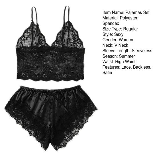 2 Pcs/Set Lady Pajamas Satin Bow Sleeveless Crop Top See-Through Lace Patchwork