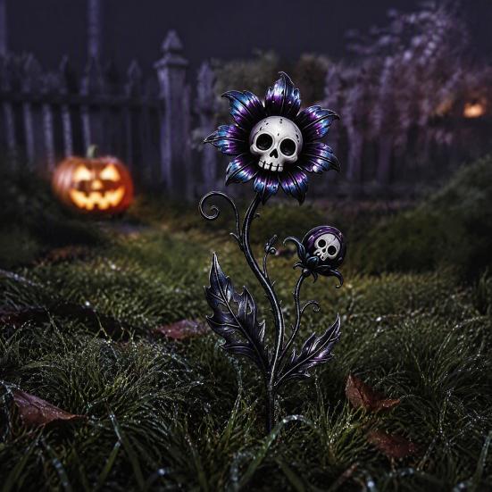 Scary Garden Ornaments Halloween Stake, Waterproof Spooky Skull Flower Lawn Art, 2D Creepy Decorative Stakes Metal Plant Stake for Porch, Patio, Lawn,