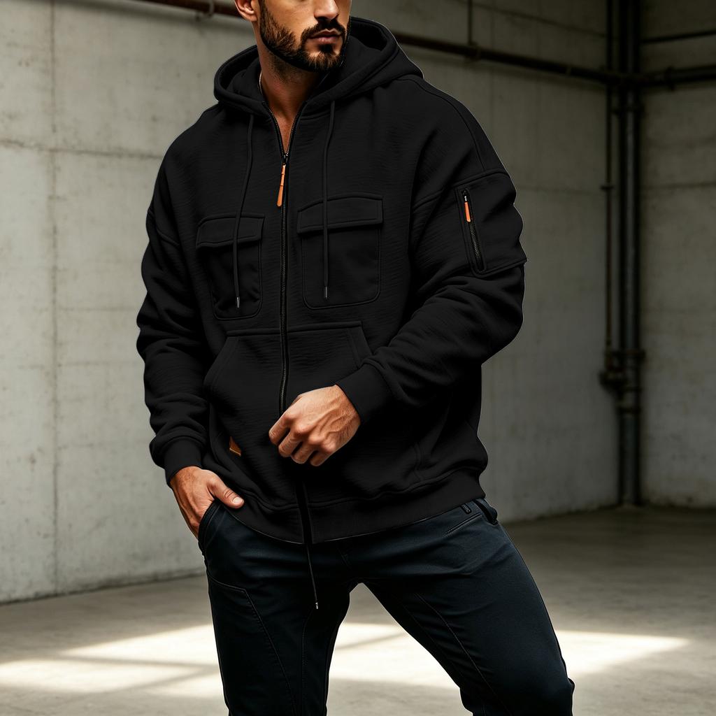 Herren Kapuzen-Reißverschluss-Sweatshirt Lockerer Schnitt Mehrere Taschen Strickjacke Jacke Freizeit-Oberbekleidung