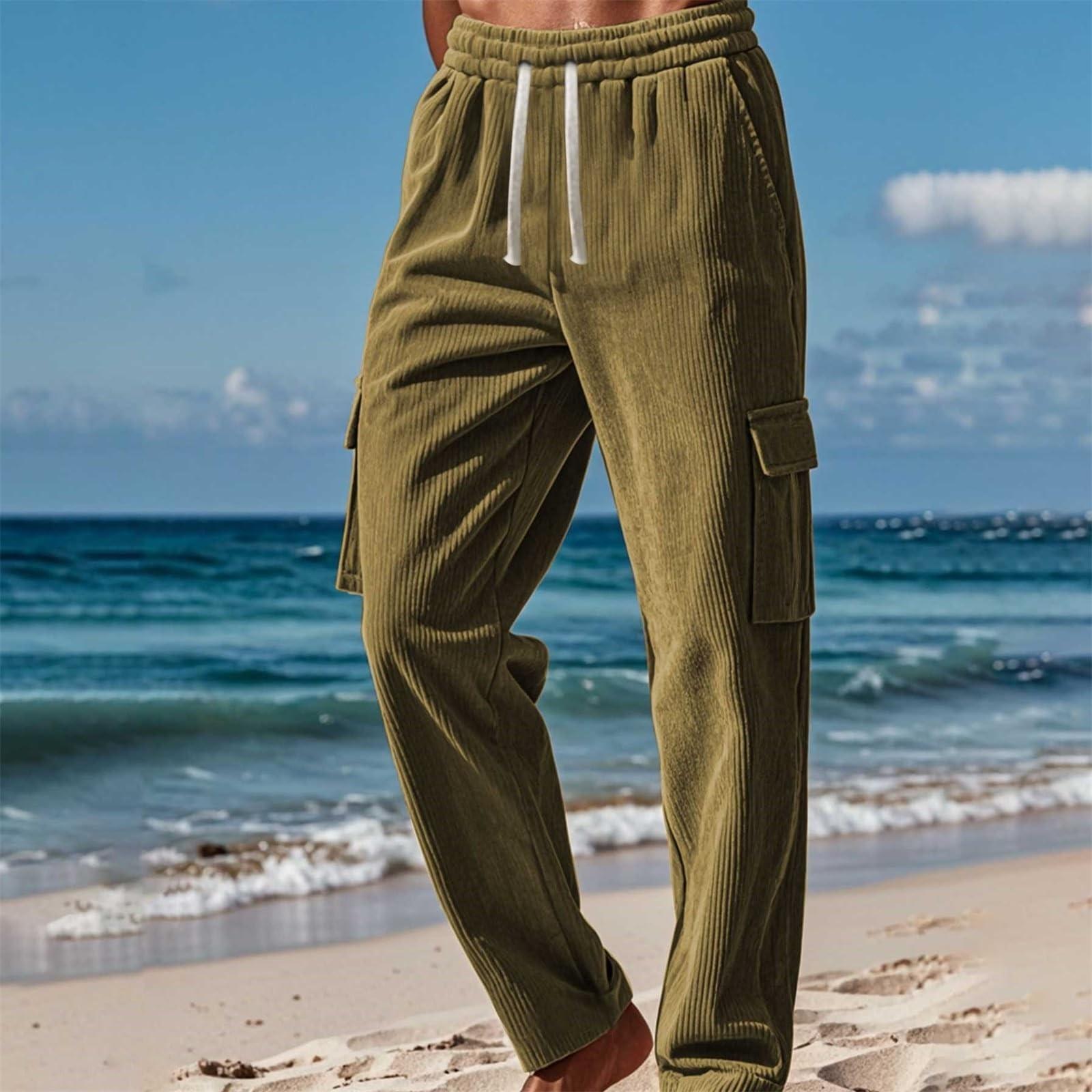 

Мужская вельветовая сезонная тонкая дышащая рабочая одежда с множеством карманов и свободными повседневными широкими брюками XXXL хаки