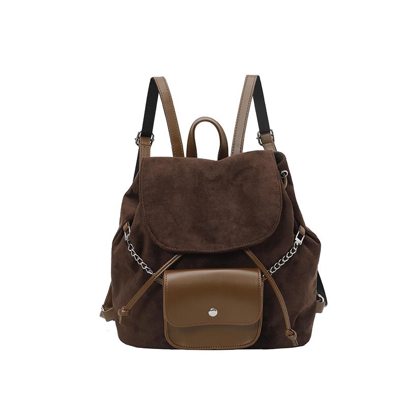 Solid Color Faux Suede PU Chain Commute Backpacks Fashi Casual Youth Sweet Vintage Style Thicken Women's Schoolbags