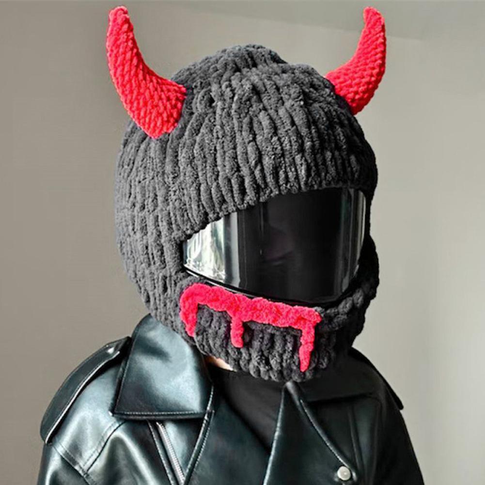 Winter Motorcycle Helmet Headgear Cover Trendy Devil's Horns Creative Cartoon Knitted Motocross Full-Face Protective Helmet Case