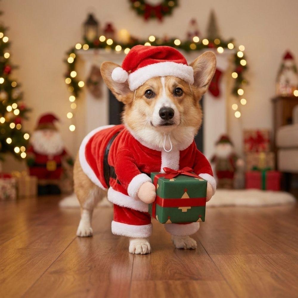 Plush Fabric Pet Christmas Gift Box Costume Soft Elastic Pet Gift Holding Outfit Holiday Gift