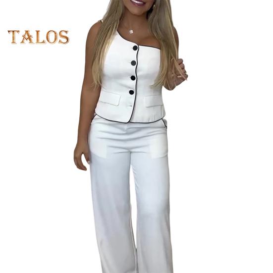 

Женский нарядный комплект из двух частей: блейзер без рукавов на одно плечо, жилет, топ с широкими брюками, деловой костюм со смокингом M белый