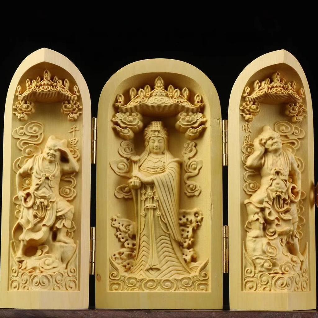 Skládací krabička Ozdoba sochy Buddhy, Sochy Guanyin, 3,93" Dřevořezba Západní Sansheng Řemesla Kancelář Domácí dekorace dárek