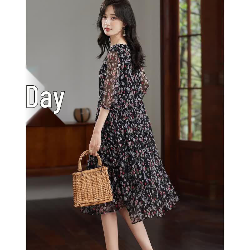 Demana 100% Mulberry Silk Ruched 3/4 Sleeve A-Line Dress