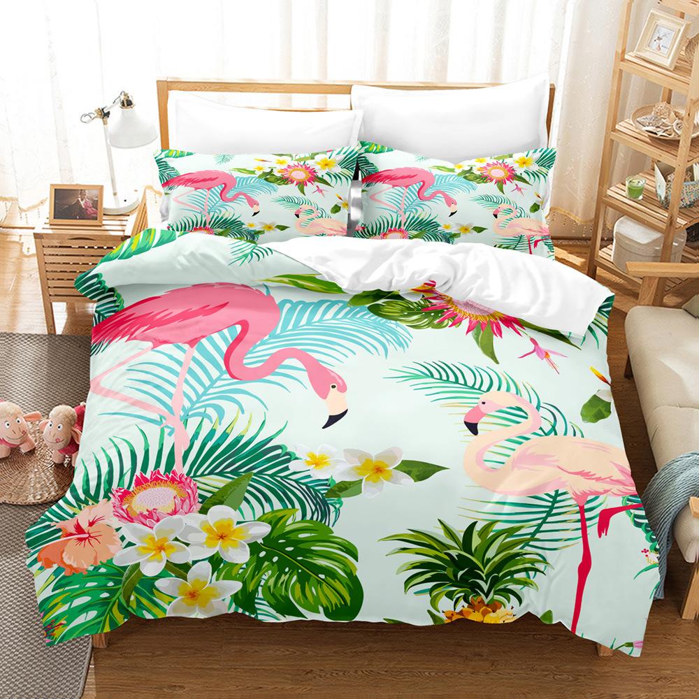 Flamingo Duvet Cover Set Palm Leaf Tropical Botanical Queen King Polyester Bedding