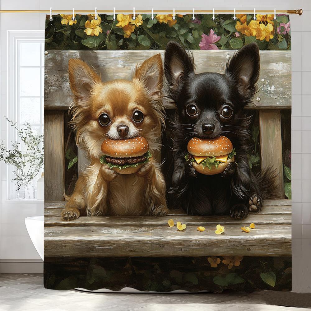 3D Printed Cute Puppies Shower Curtain Lovely Cartoon Animal Bathroom Decorative Curtain, Printed Home Curtain with 12 Hooks