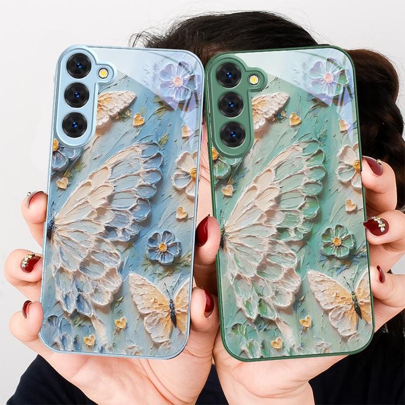 Oil Painting Butterfly For Samsung S26 S22 S8 S9 S10 S20 Ultra S21 Pro S22 Plus S23 FE S24Ultra S25 Edge S24+ Glass Phone Case