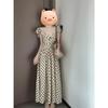Retro black and white polka dot hollow small flying sleeve dress gentle temperament beautiful unique waist a word long dress