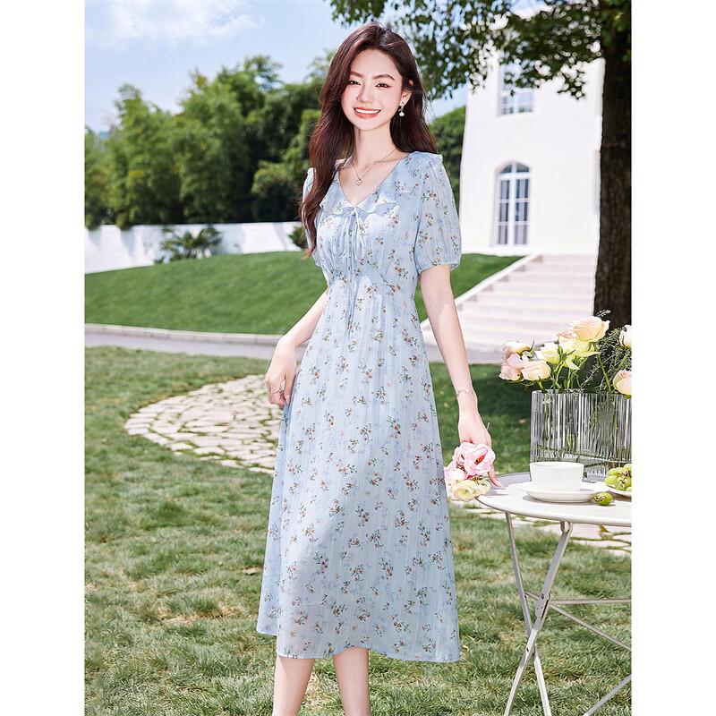 French Elegant Ruffle Tie-Waist V-Neck Printed Midi Dress