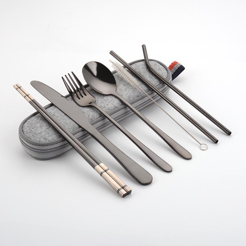 Cross-border Stainless Steel Travel Cutlery Set: Knife, Fork, Spoon, Straw, Chopsticks, and Portable Bag.