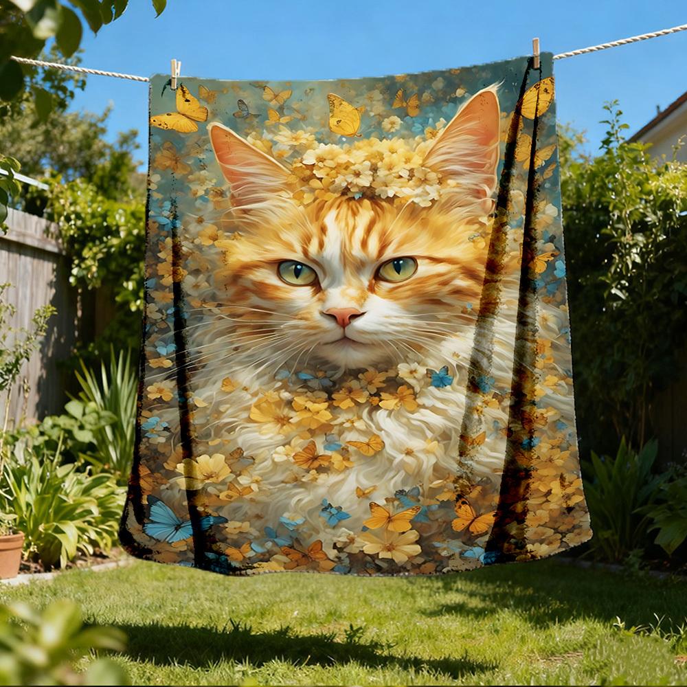

1pc Floral Cat Butterfly Print Outdoor Flannel Blanket , Machine Washable Perfect Gift for Birthday , Holiday Travel Accessory , Durable Material 80x120cm