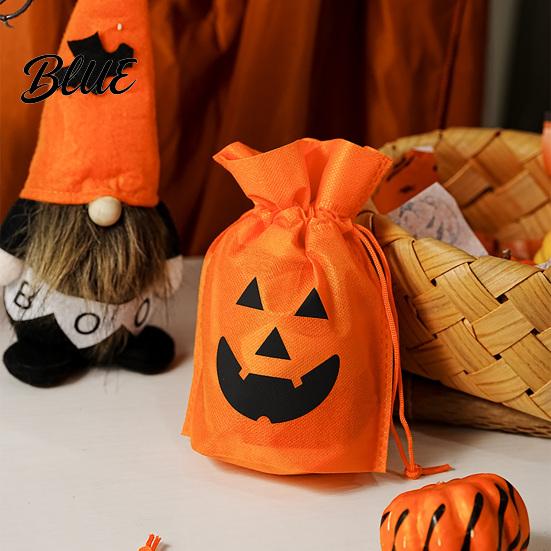 Portable Snack Bags for Halloween 5 Pcs Treats Bag Non-woven Fabric Pumpkin Candy Orange Black Goody Drawstring Goodie Party Favors Reusable