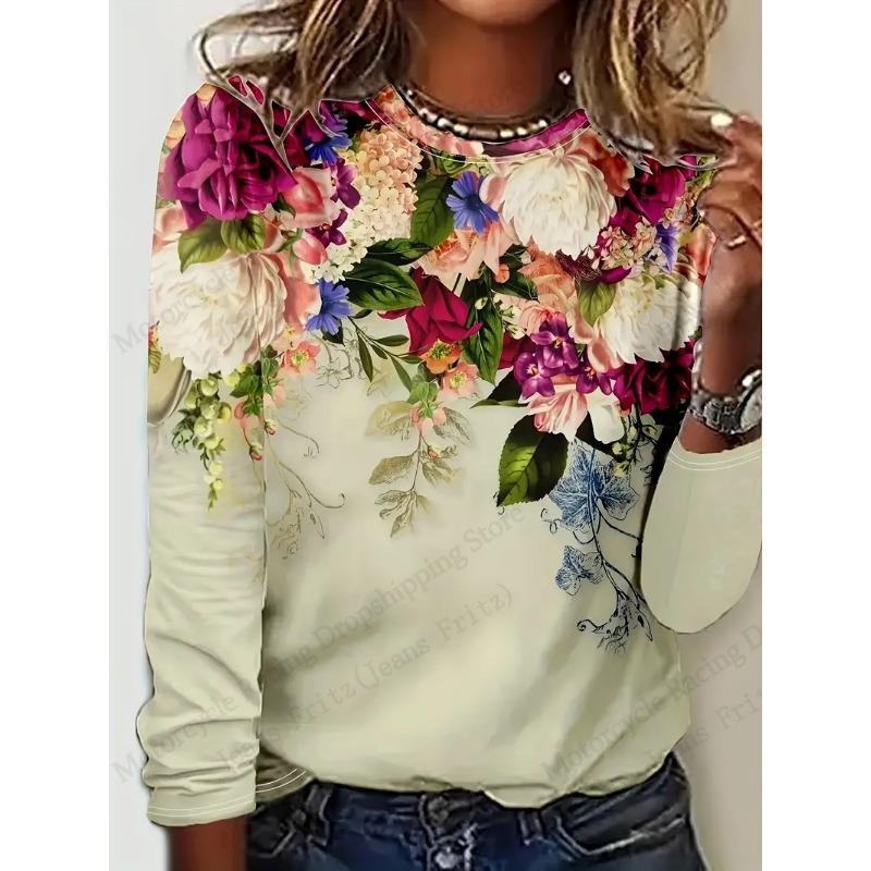 Bird Floral Patterns Graphic 3d Print T-Shirt Women Fashion Casual Oversized Long Sleeve T-shirt Women Clothing Flower Tops Tees