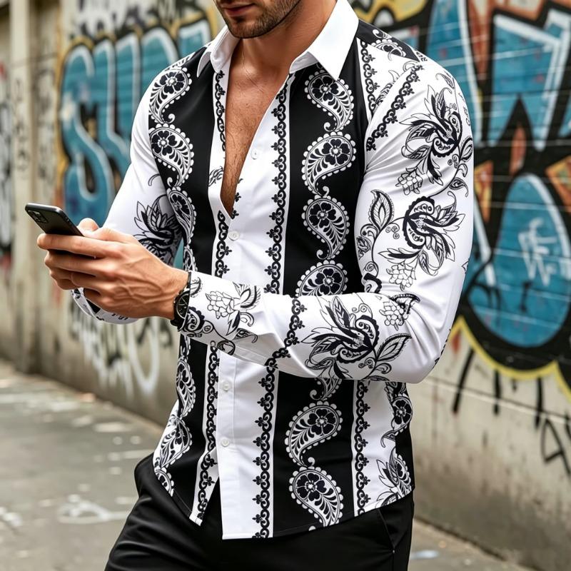 Men's long-sleeved collared shirt, ethnic print, flowy shirt, plus size street style casual cardigan top