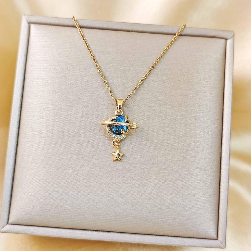 Europäisch-Amerikanische Sternenhimmel Stein Anhänger Halskette für Damen - Hochwertiges Design Schlüsselbein Choker