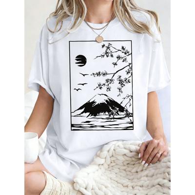Kirschblüten am Mount Fuji Print Damen T-Shirts Sommer Hip Hop Kurzarm Baumwolle Y2K Oversized Kleidung T-Shirt