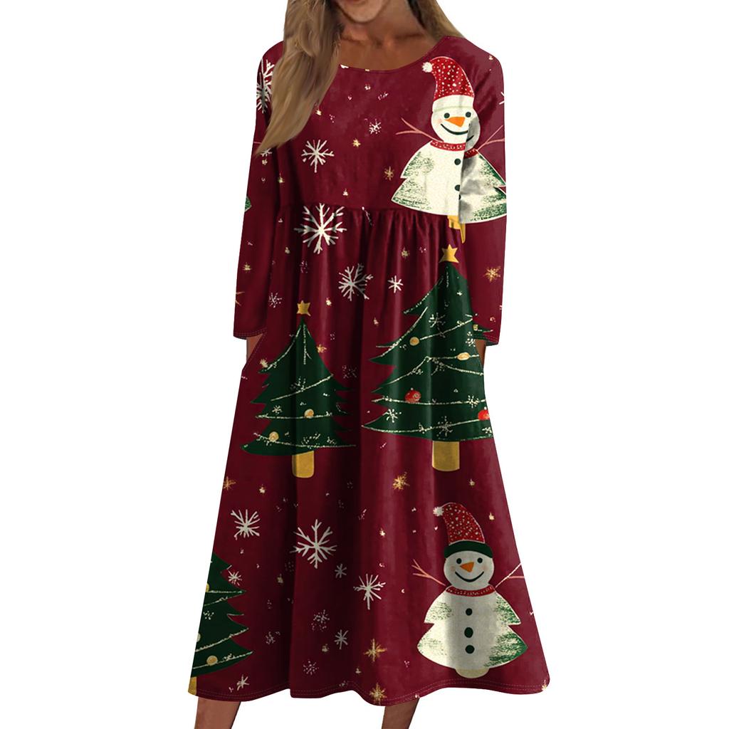Damen Freizeitkleid mit Rundhalsausschnitt, Weihnachtsdruck, mittellang, langärmlig mit Tasche