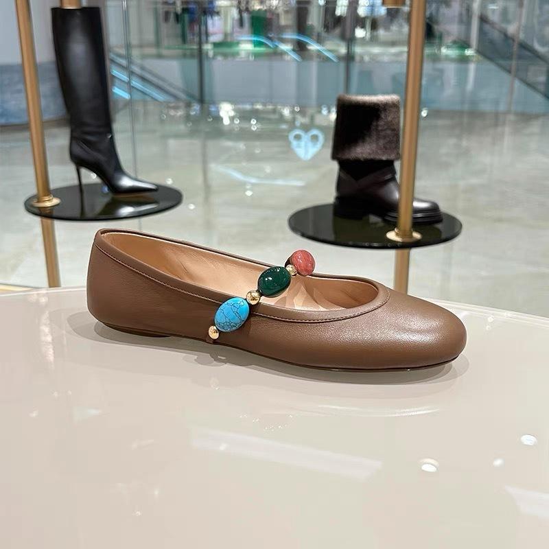 Spring and Autumn New Round Head One-word Color Bead Flat-bottomed Ballet Shoes Women's Genuine Leather Versatile Small Leather Shoes