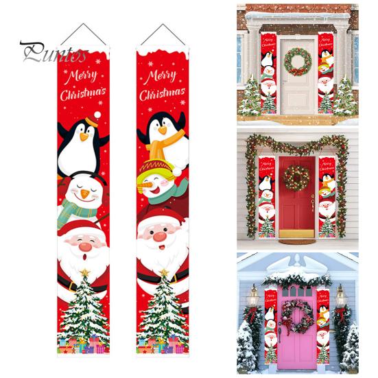 

1 Pair Christmas Couplet Santa Snowman Penguin Print Reusable Rectangle Holiday Decoration Xmas Porch Sign Hanging Banner Backdrop Party Supplies