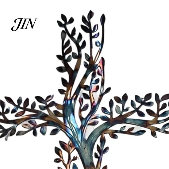 Layered Tree Wall Sculpture Metal Cross Art, of Life Hanging Crosses Decor, Art for Garden Living Room Bedroom Retro Style