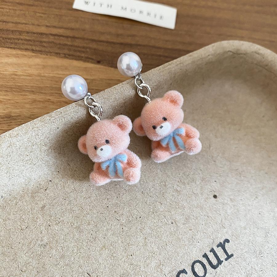 Серьги-гвоздики с жемчугом в виде кролика и медведя, флокированные, милые и очаровательные, нишевые серьги, серьги легкой роскоши, оптом, женские