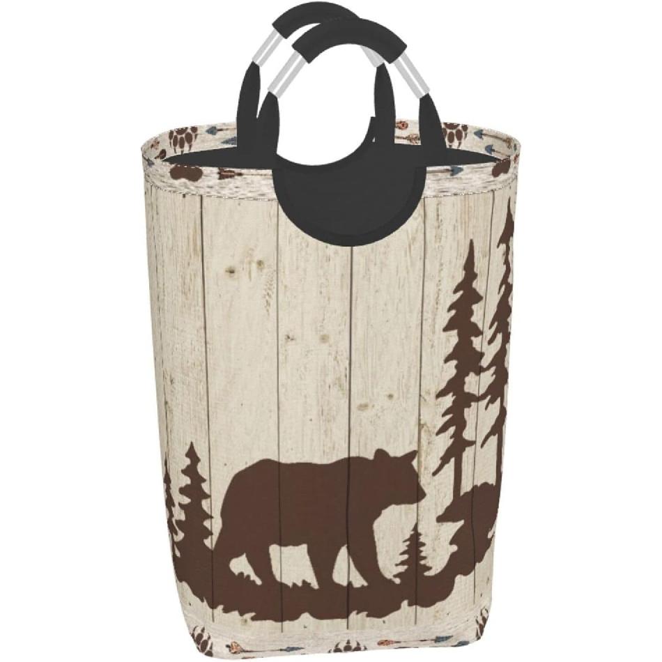 Large Laundry Basket,Wild Animals Rustic Cabin Forest Bear Paw Print Wooden Board,Laundry Hamper Collapsible Organizer Bin with Handles Washing Bin