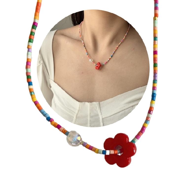 Colorful Flower Necklace Resin Pendant Choker Adjustable Chain Delicate Choker