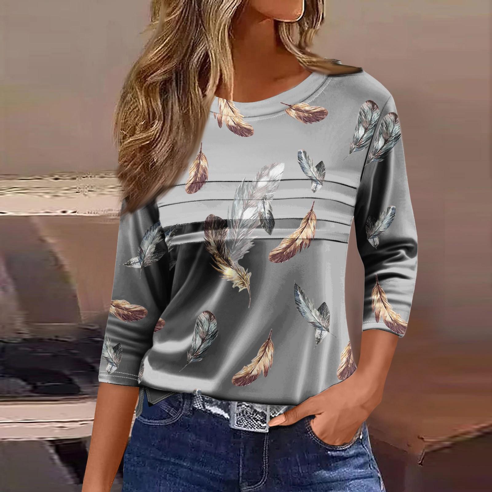 

Футболки для женщин, плиссированные, с круглым вырезом, нарядные, повседневные, блузки с принтом, рукав 3/4, летние топы, свободный крой S светло-серый