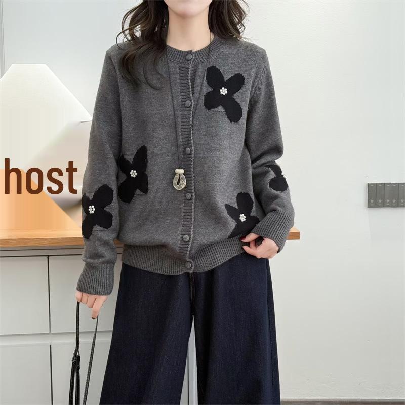 

2026 Spring Beaded Flower Cardigan - Plus Size Women s Slimming Knit Sweater with Round Neck and Long Sleeves XL серый