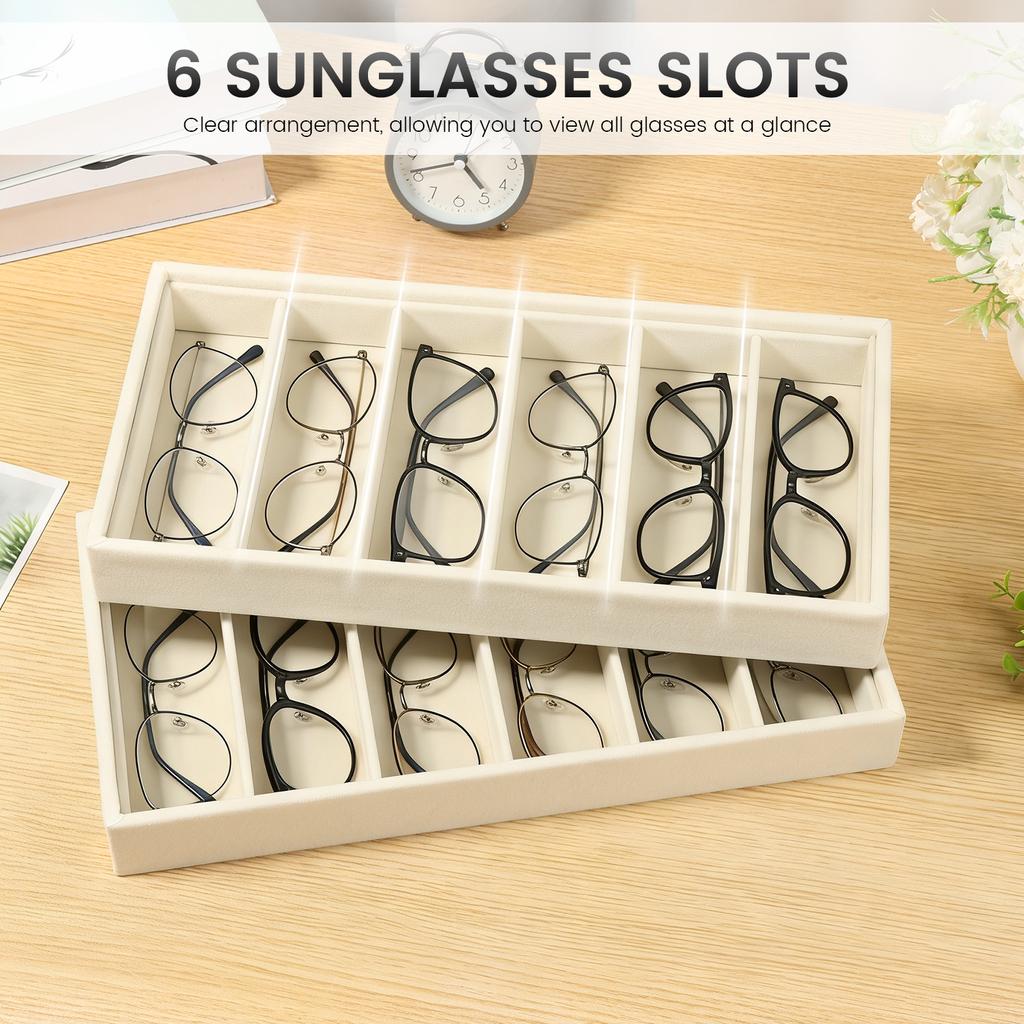 2Pcs Flannel Glasses Box 6/8 Grids Sunglass Organizer Stackable Glasses Storage Tray Drawer Glasses Display Tray Watch Holder