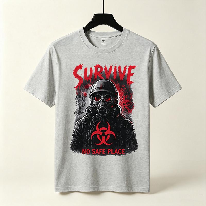 Survive Gas Mask Biohazard Tshirt Zombie Apocalypse Horror Graphic Dark Grunge Streetwear Black White Navy Casual Top Harajuku