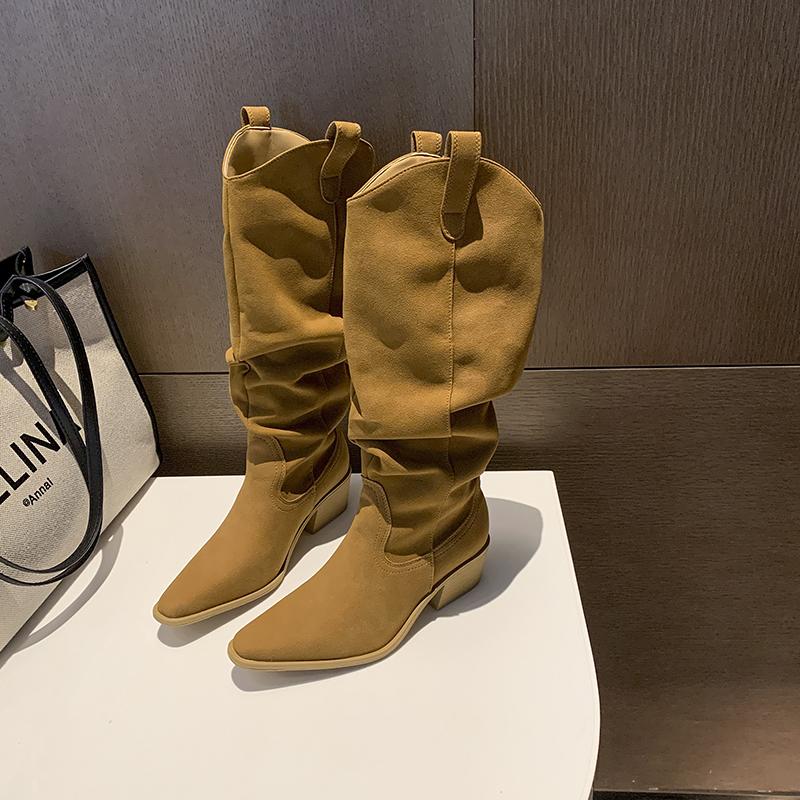 Vintage Pointed Toe Pleated Women Western Cowboy Boots Concise Thick Heels Shoes Female Slip On Long Booties De Muje 35 8377₽