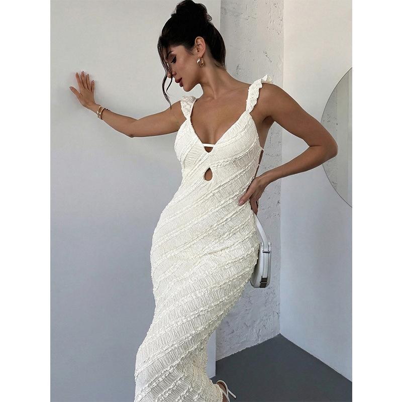 New V-neck Suspender Hollow Fishtail Skirt European and American Halter Cross Lace-up Sexy White Dress